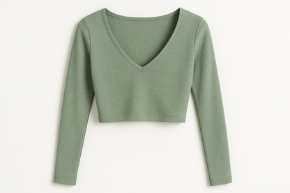 sage groene croptop met longsleave en vhals 